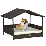 Wicker Dog Bed Outdoor Elevated With Rattan Canopy Cushioned PE Rattan Dog Cat House Sleeping Pad Cream